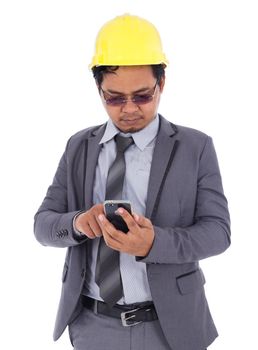 engineer using mobile phone isolated on a white background