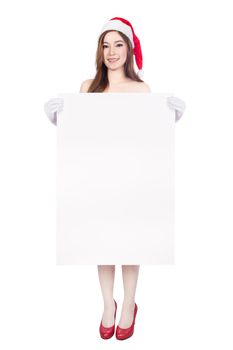 beautiful sexy woman wearing santa claus clothes with blank sign isolated on white background