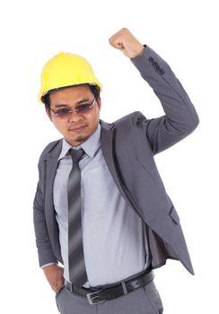 Happy young engineer celebrating with arm raised, concept of successful, isoalted on white background