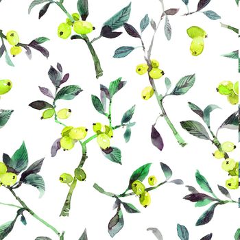 Watercolor botanical illustration of twigs with yellow berries on white background. Seamless pattern.
