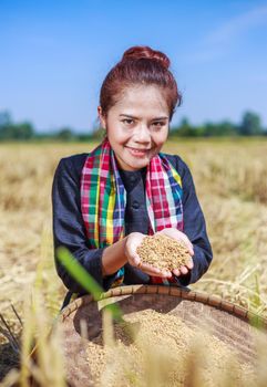 paddy rice in happy farmer woman hand