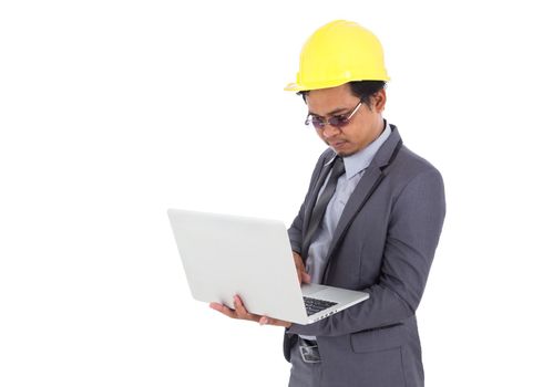 engineer using laptop isolated on a white background