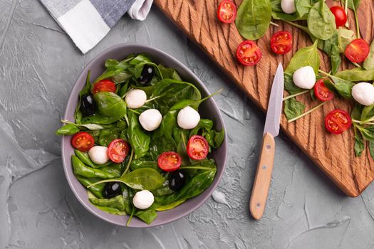 Fresh salad with mozzarella cheese, tomato and spinach. Healthy dieting food