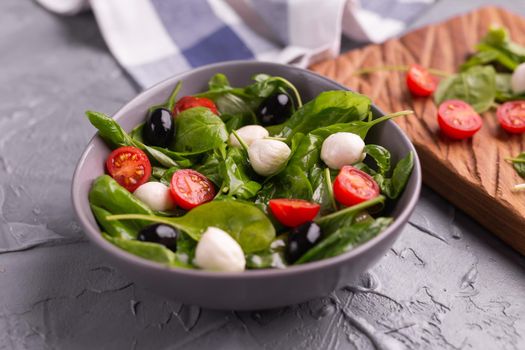 Fresh salad with mozzarella cheese, tomato, spinach close-up. Healthy food