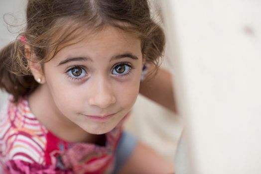 Adorable little girl combed with pigtails outdoors.