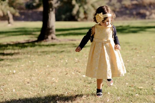 Portrait of a little girl running and playing in the park wearing a beautiful dress