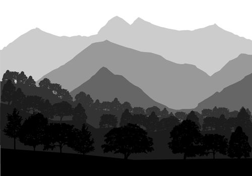 Panorama of mountains and forest landscape. Geometric illustration