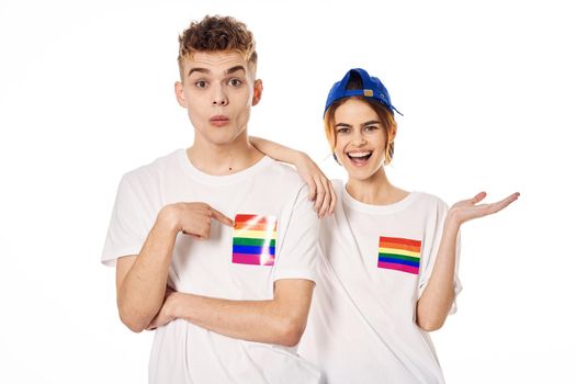 young couple lgbt Flag transgender lifestyle light background. High quality photo