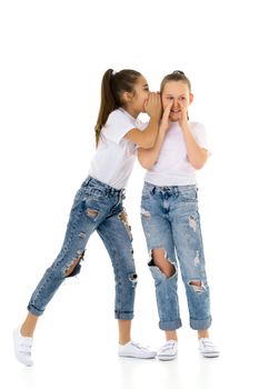 Two girls telling a secret and expressing surprise isolated on white