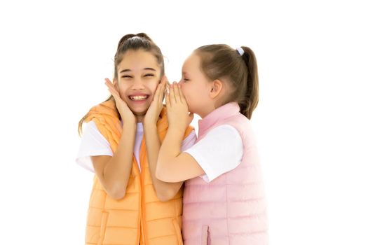 Two girls telling a secret and expressing surprise isolated on white