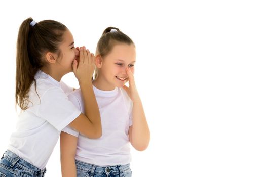 Two girls telling a secret and expressing surprise isolated on white