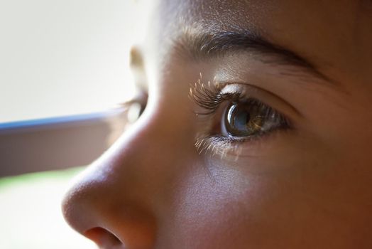 Close-up of beautiful little girl brown eyes. Macro photograph.