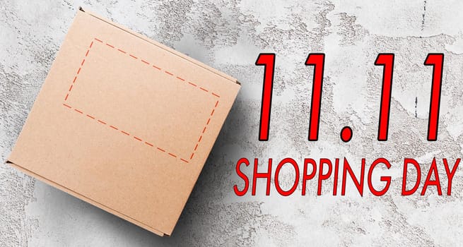 Chinese 11.11 single day sale concept, including mini shopping cart, gift boxs, and sale tag