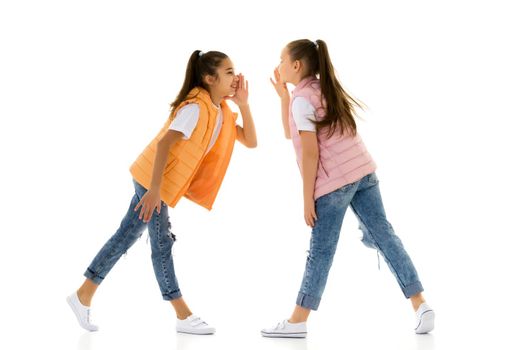 Two girls telling a secret and expressing surprise isolated on white