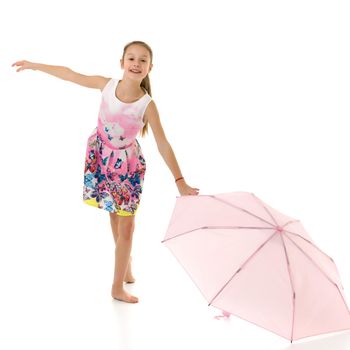 Beautiful teenage girl, in a summer dress under an umbrella. The concept of a happy childhood, summer outdoor recreation. Isolated on white background.