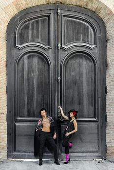 Portrait of beautiful couple, models of fashion, wearing spanish clothes