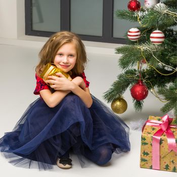 Front View Portrait of Adorable Blonde Girl Sitting on the Floor Next Decorated Xmas Tree Hugging Golden Gift Box, Beautiful Preteen Child in Tutu Dress Posing in Christmas Interior