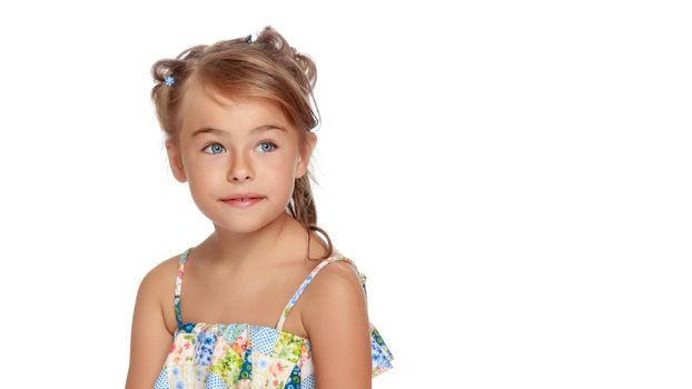 Beautiful little girl close-up. The concept of beauty and fashion, happy childhood. Isolated on white background.