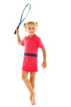 Happy playful girl smiling on the tennis court with a racket. Little girl with a tennis racket in a sports club. Active exercises for children. Training for a small child. The child learns to play. Isolated on white background.