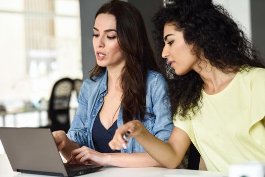 Two young women studying with a laptop computer on white desk. Beautiful girls working toghether wearing casual clothes.