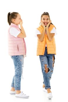 Two girls telling a secret and expressing surprise isolated on white