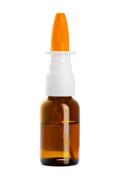 Glass bottle with nose spray isolated on white backgorund, close up