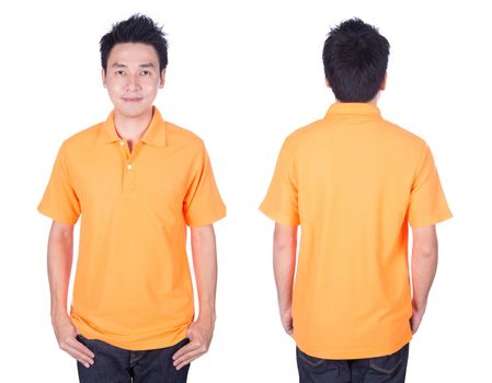 man with orange polo shirt on a white background