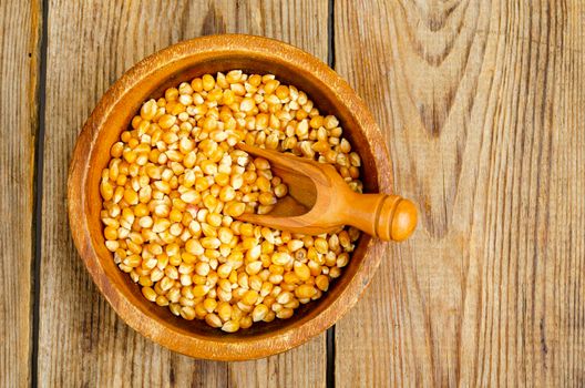 Dry corn grains in bowl for making popcorn. Studio Photo