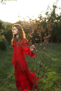 woman in red dress in field near tree posing summer. High quality photo