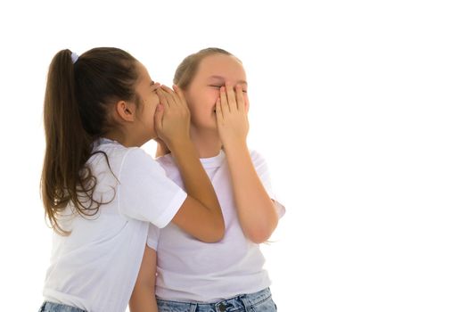 Two girls telling a secret and expressing surprise isolated on white