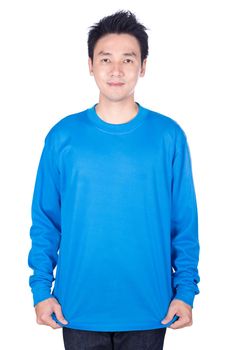 happy man in blue long sleeve t-shirt isolated on a white background