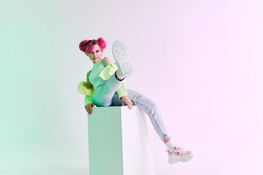 woman with pink hair teen fashionable clothes posing neon. High quality photo