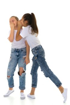 Two girls telling a secret and expressing surprise isolated on white