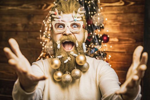 Excited Santa face close up. Funny amazed man celebrate Christmas. Winter holidays and new year