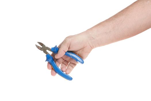 Hand holds side cutters on a white background, a template for designers. Close up