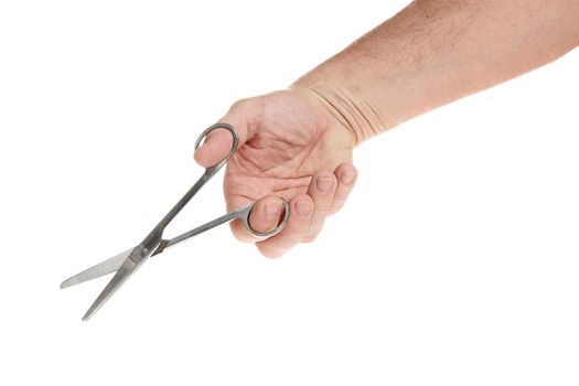 Hand holds medical scissors on a white background, template for designers. Close up