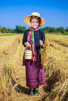 farmer woman with tiffin carrier in rice field, Thailand