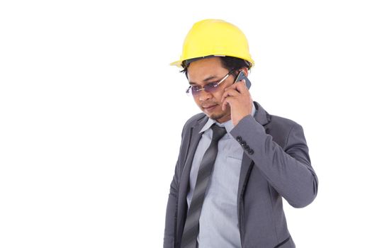 engineer using mobile phone isolated on a white background