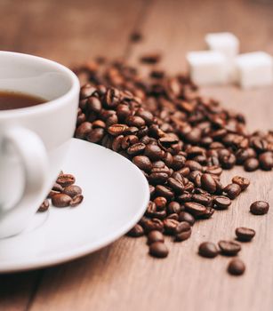 a cup of coffee breakfast fresh scent view from above. High quality photo