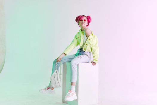 cheerful woman green jacket fashionable clothes lifestyle fun design. High quality photo