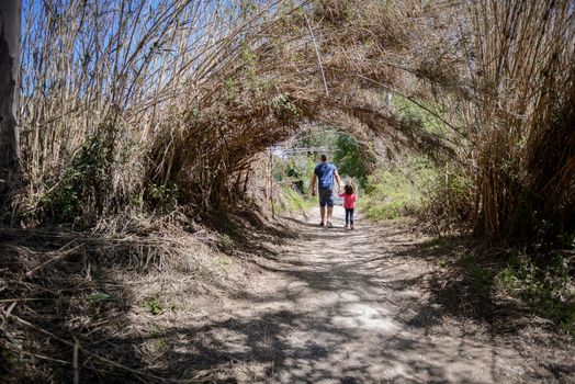 Father and little daughter walking on a path of in a wetland in Padul, Granada, Andalusia, Spain