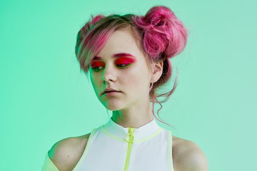 portrait of a cheerful woman pink hair hipster fashion. High quality photo