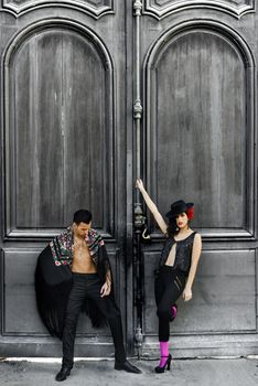 Portrait of beautiful couple, models of fashion, wearing spanish clothes