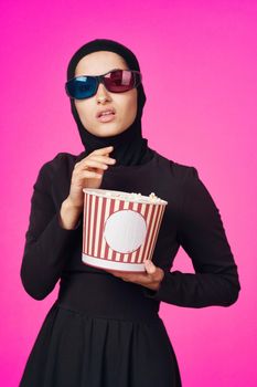 pretty woman entertainment cinema popcorn fashion isolated background. High quality photo