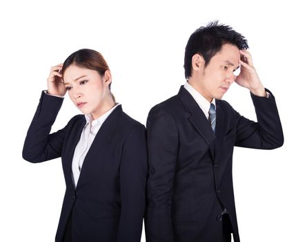 Worried business man and woman isolated on white background
