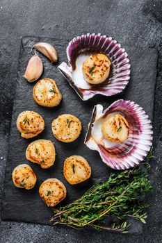 Fried seafood scallops meat with butter in a shells. Black background. Top view.