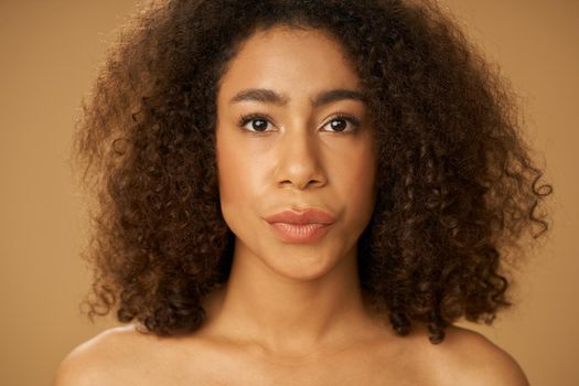 Portrait of mixed race young woman with curly hair posing isolated over beige background. Female beauty portrait