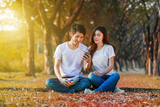 young couple listening music from mobile with headphone in the park