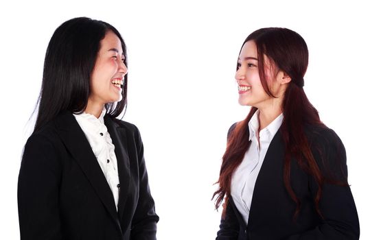 two businesswoman talking together isolated on a white background