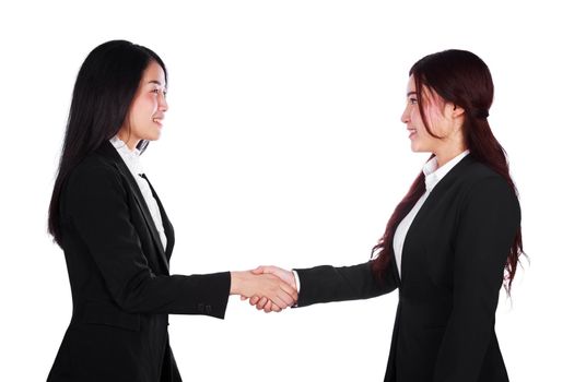 two business woman shaking hands isolated on a white background